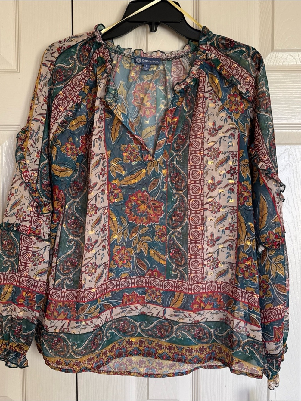 Democracy Women SZ SMALL Multicolor Paisley Ruffle V-Neck Tunic Long Sleeve Top